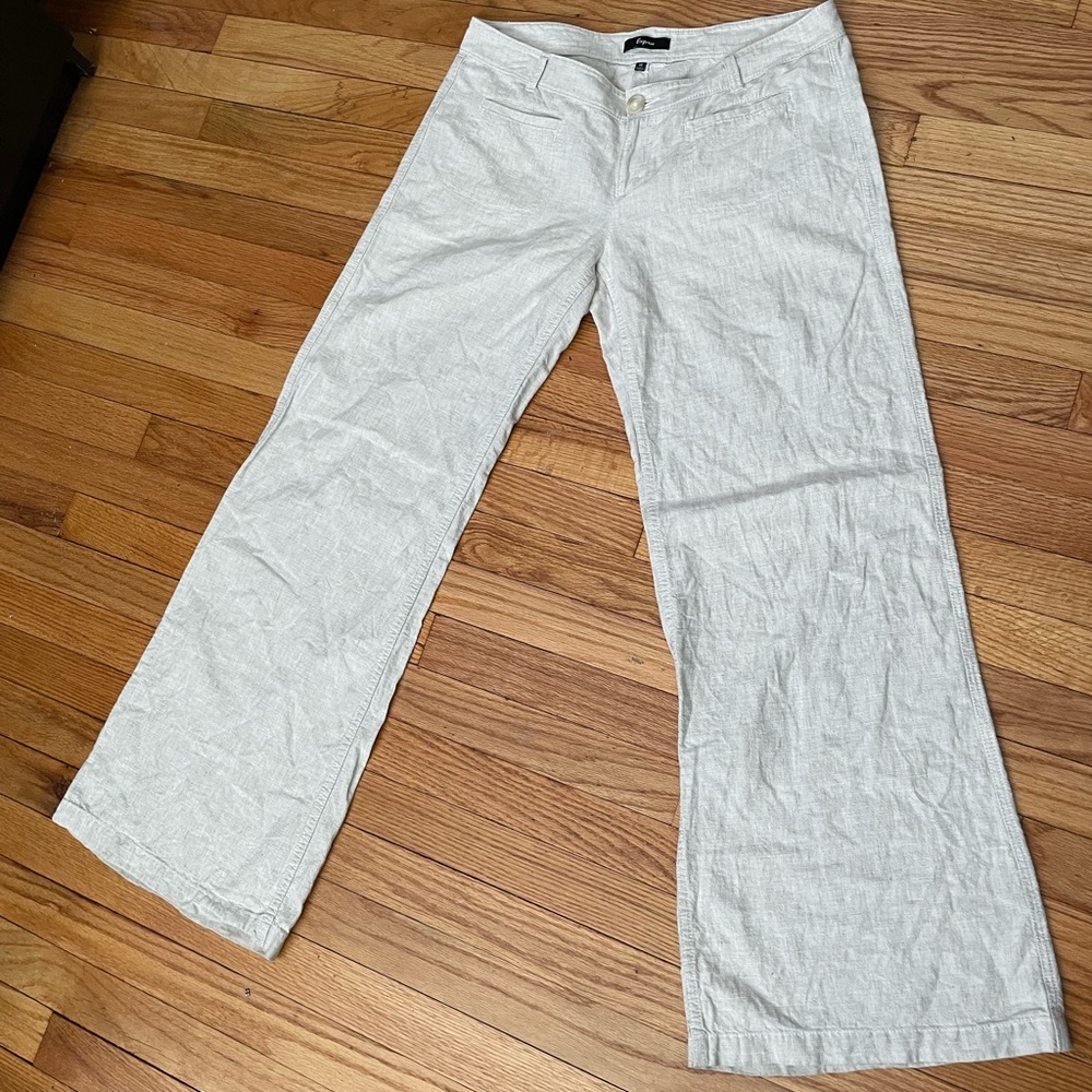 🎯Express Linen Oatmeal Flare Wide Trousers Dressy Work pants 12 coastal beige